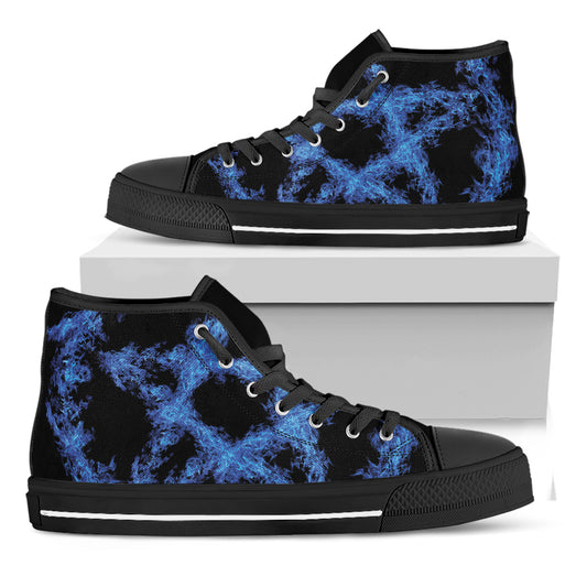 Blue Flame Pentagram Print Black High Top Shoes