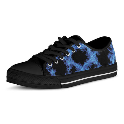 Blue Flame Pentagram Print Black Low Top Shoes 