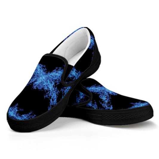 Blue Flame Pentagram Print Black Slip On Shoes