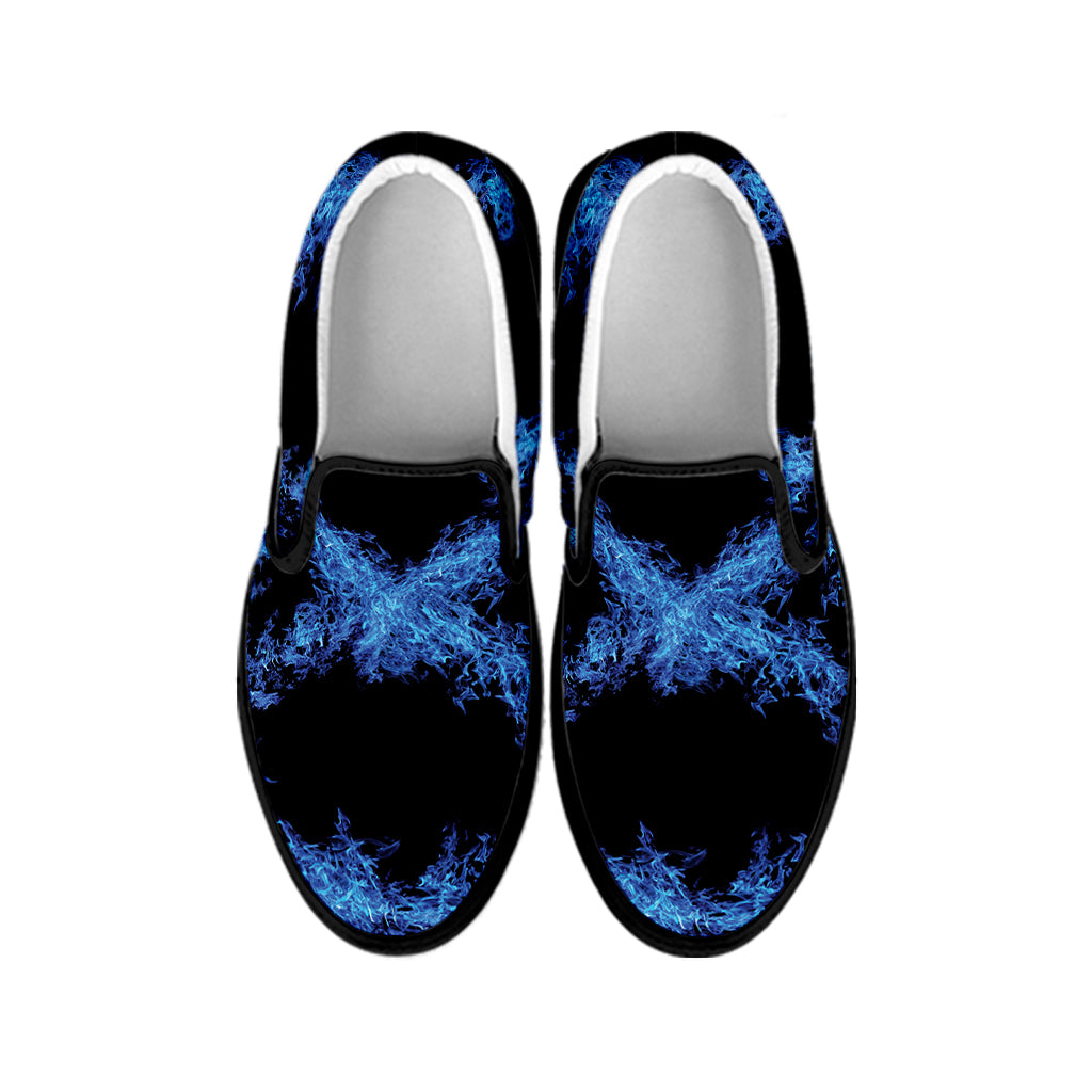 Blue Flame Pentagram Print Black Slip On Shoes
