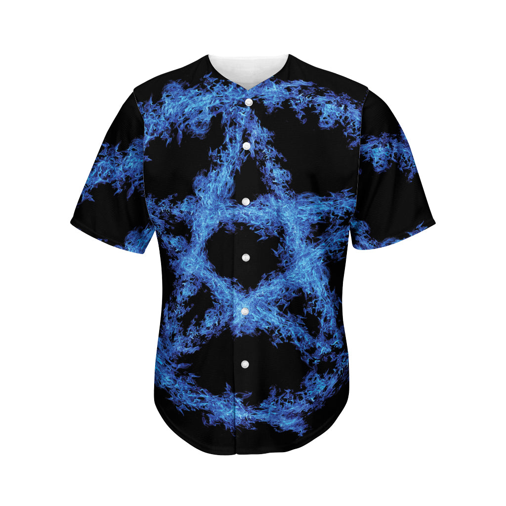 Blue Flame Pentagram Print Men's Baseball Jersey