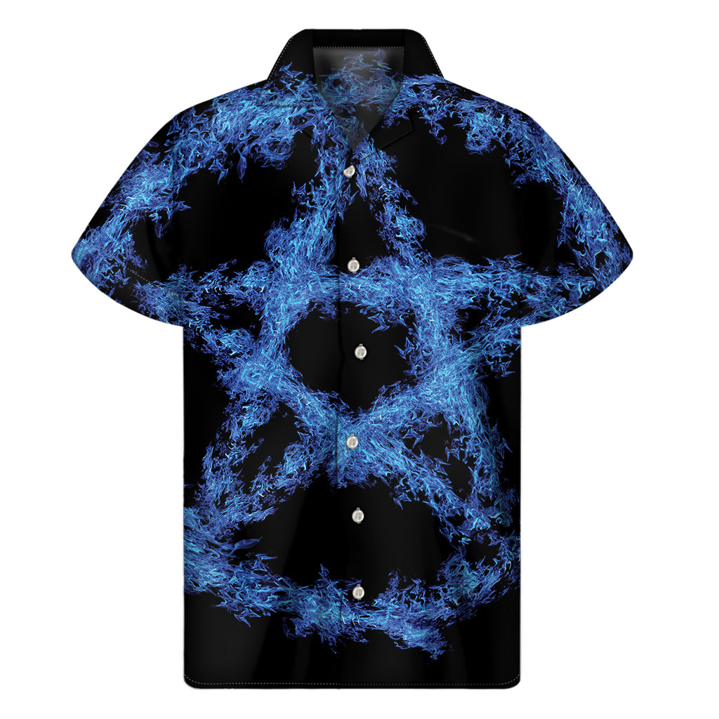 Blue Flame Pentagram Print Men's Short Sleeve Shirt