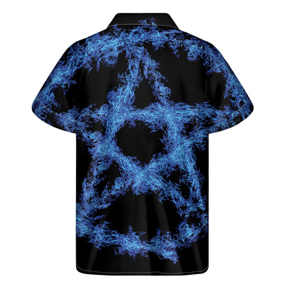 Blue Flame Pentagram Print Men's Short Sleeve Shirt