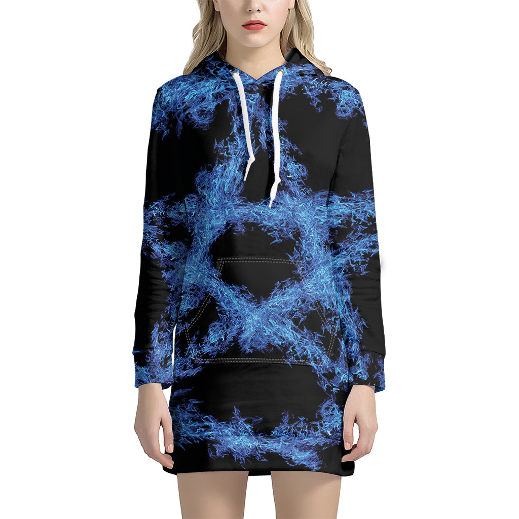Blue Flame Pentagram Print Pullover Hoodie Dress