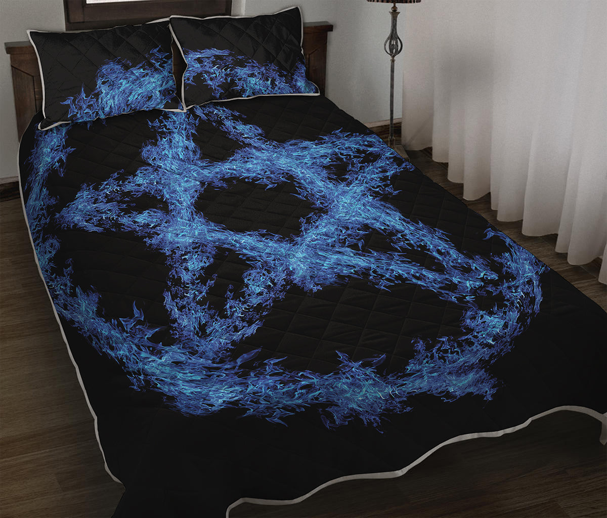 Blue Flame Pentagram Print Quilt Bed Set