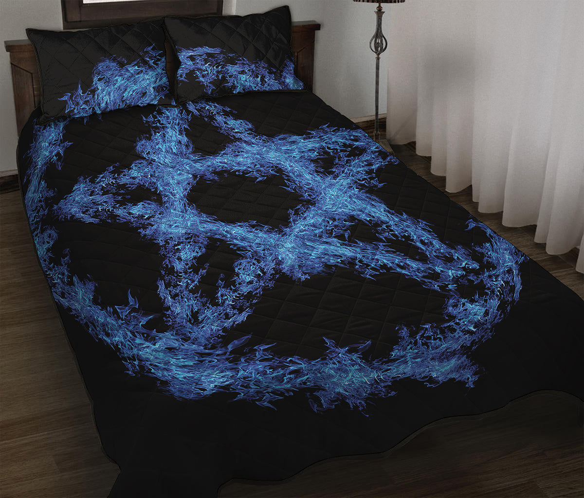 Blue Flame Pentagram Print Quilt Bed Set