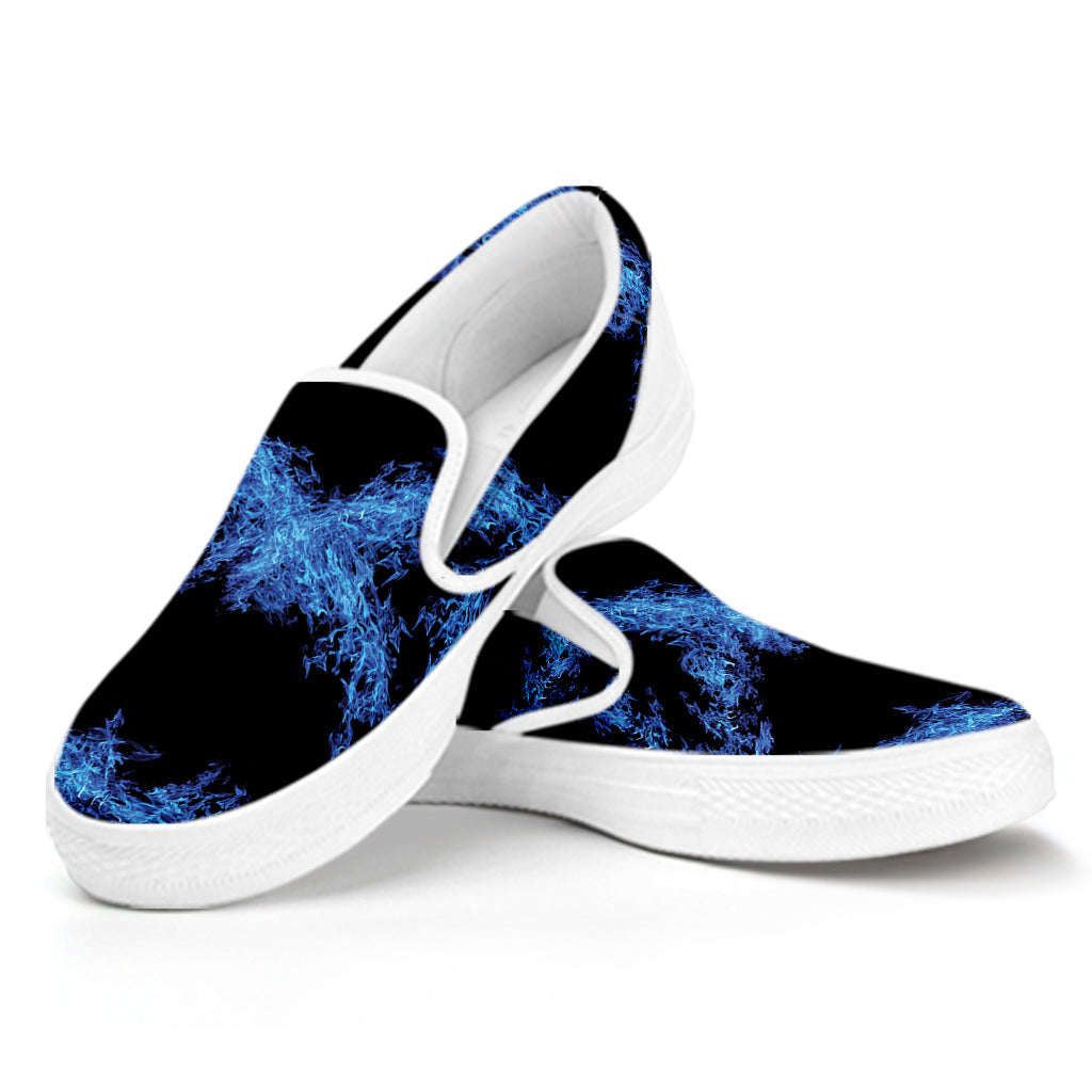 Blue Flame Pentagram Print White Slip On Shoes