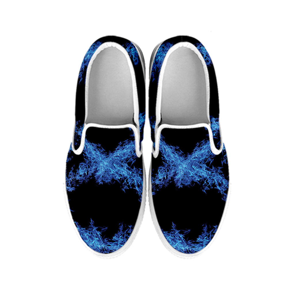 Blue Flame Pentagram Print White Slip On Shoes