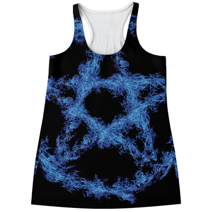 Blue Flame Pentagram Print Women's Racerback Tank Top