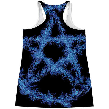 Blue Flame Pentagram Print Women's Racerback Tank Top