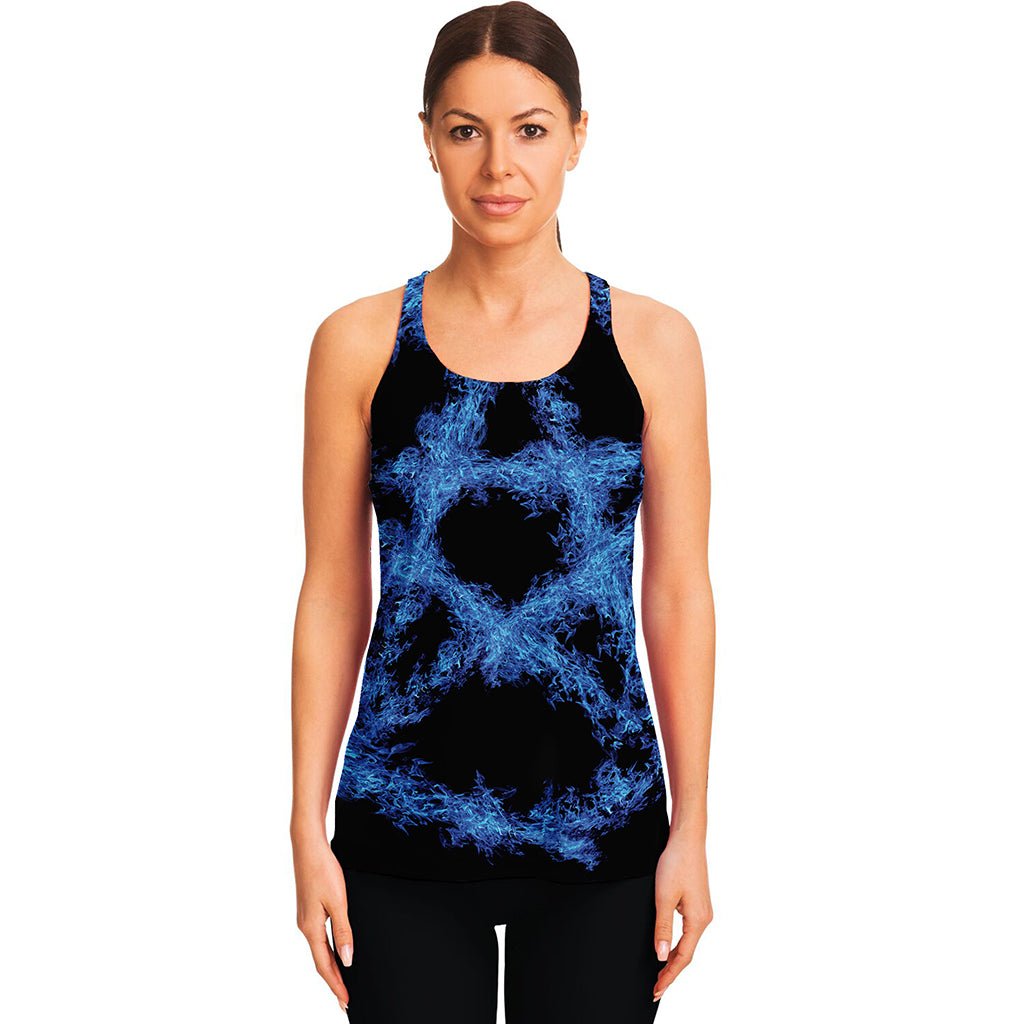 Blue Flame Pentagram Print Women's Racerback Tank Top