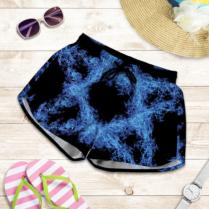 Blue Flame Pentagram Print Women's Shorts