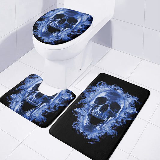 Blue Flaming Skull Print 3 Piece Bath Mat Set