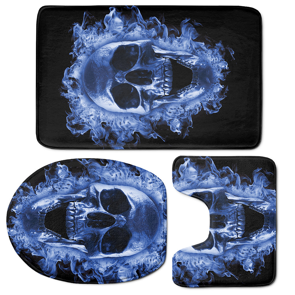 Blue Flaming Skull Print 3 Piece Bath Mat Set