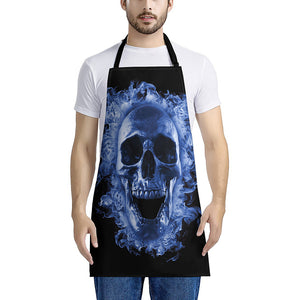 Blue Flaming Skull Print Apron