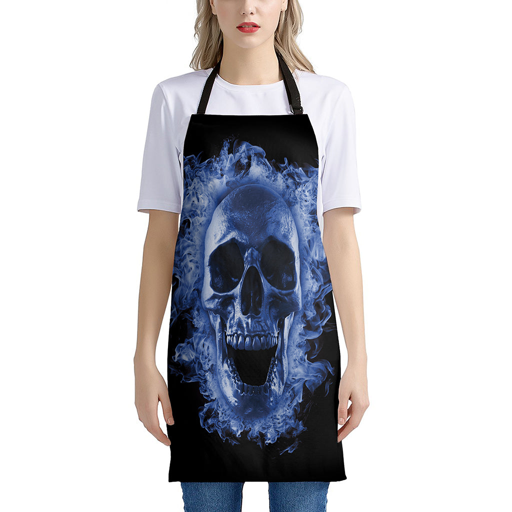 Blue Flaming Skull Print Apron