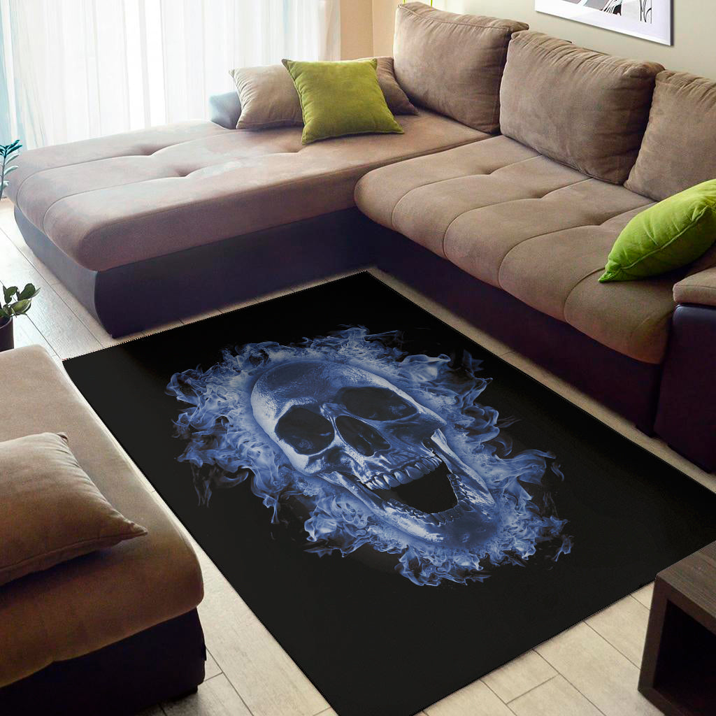 Blue Flaming Skull Print Area Rug