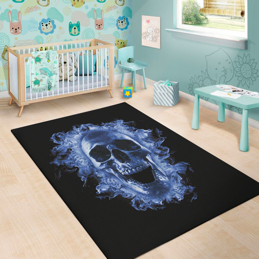 Blue Flaming Skull Print Area Rug