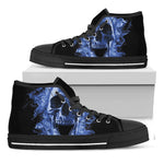 Blue Flaming Skull Print Black High Top Shoes