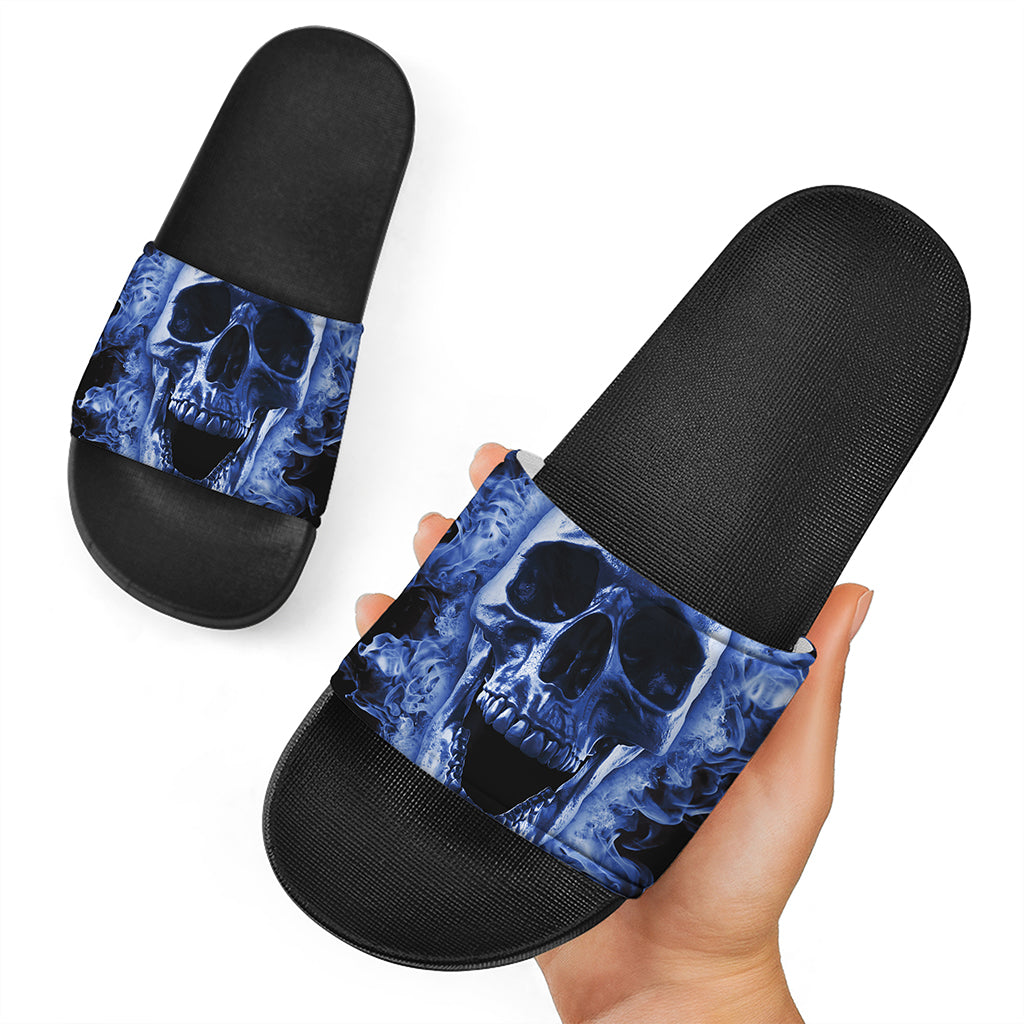 Blue Flaming Skull Print Black Slide Sandals