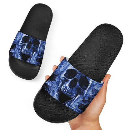 Blue Flaming Skull Print Black Slide Sandals