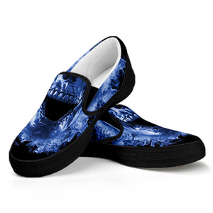 Blue Flaming Skull Print Black Slip On Shoes