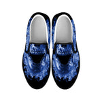 Blue Flaming Skull Print Black Slip On Shoes