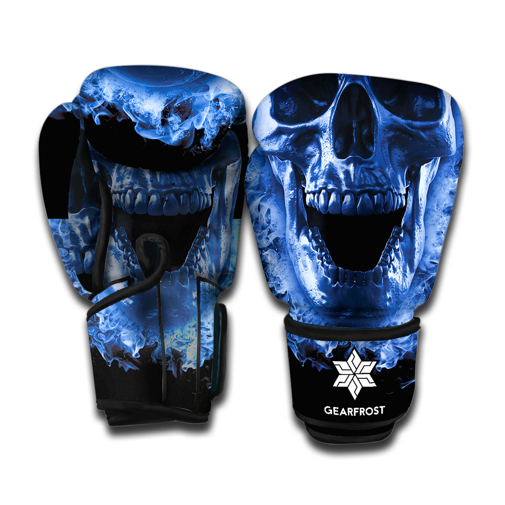 Blue Flaming Skull Print Boxing Gloves