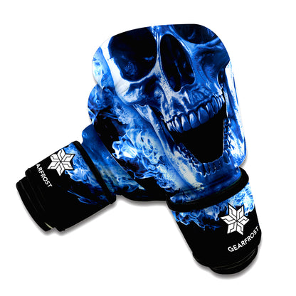 Blue Flaming Skull Print Boxing Gloves