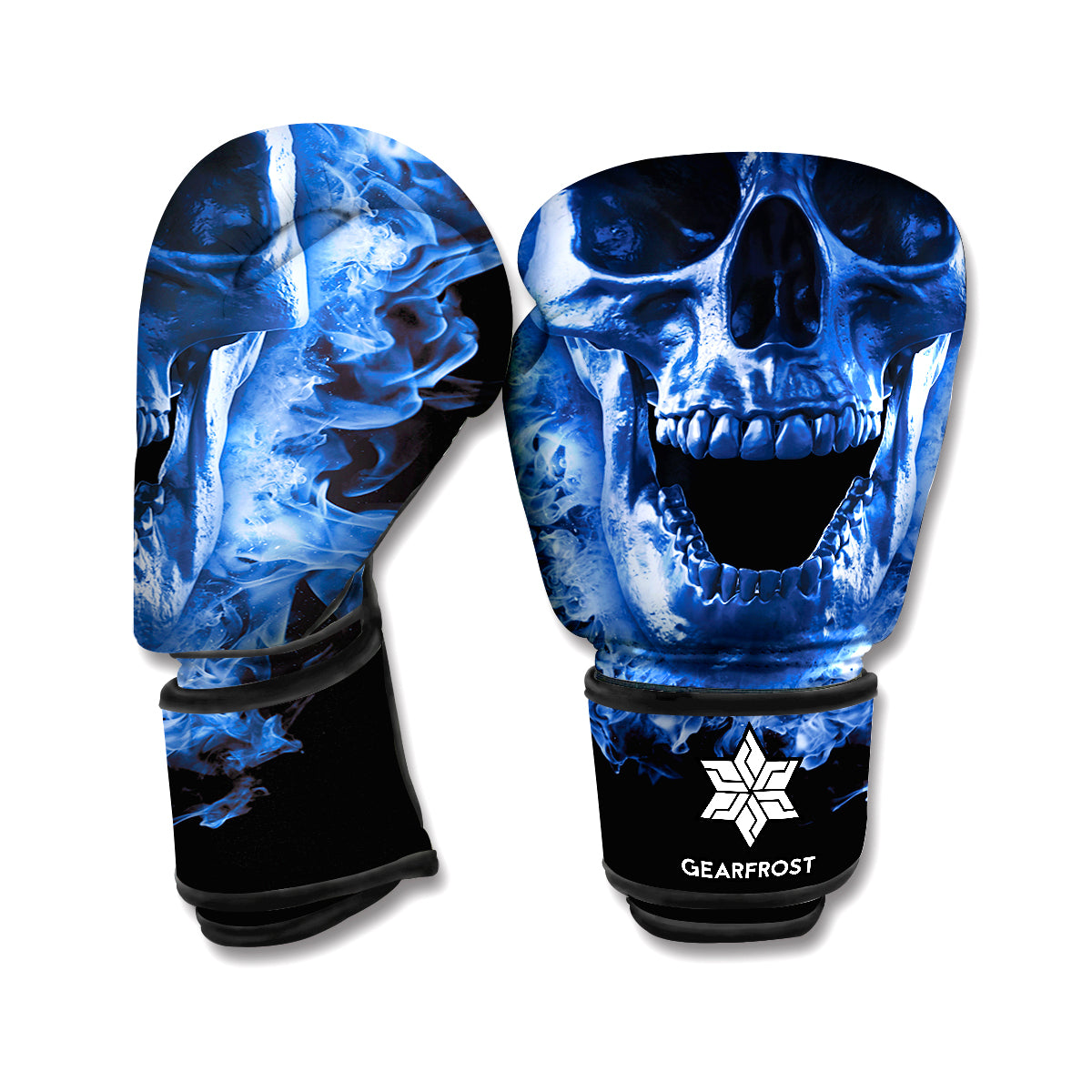 Blue Flaming Skull Print Boxing Gloves