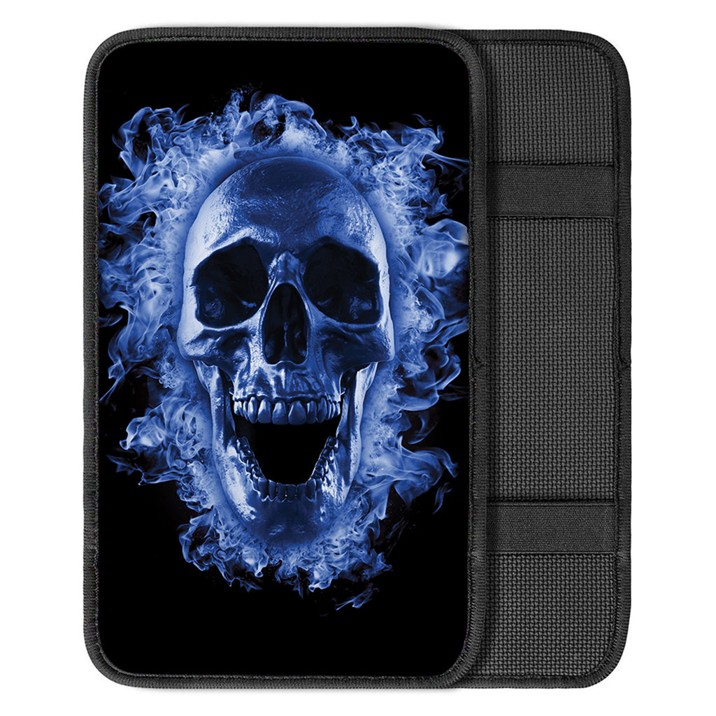 Blue Flaming Skull Print Car Center Console Cover