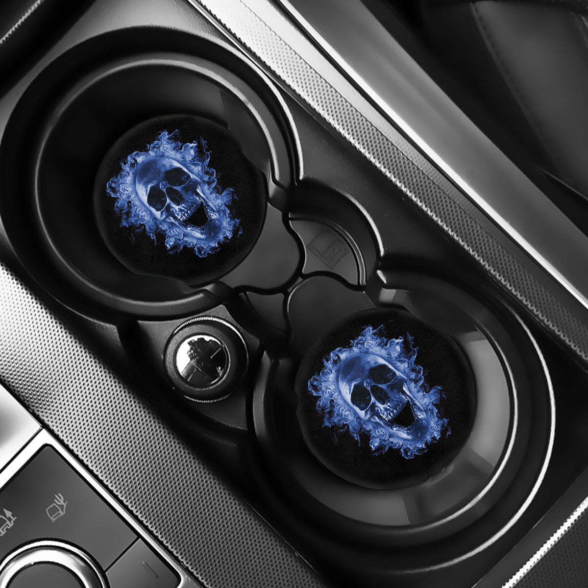 Blue Flaming Skull Print Car Coasters