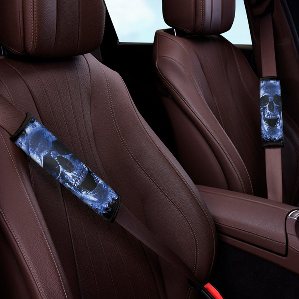 Blue Flaming Skull Print Car Seat Belt Covers