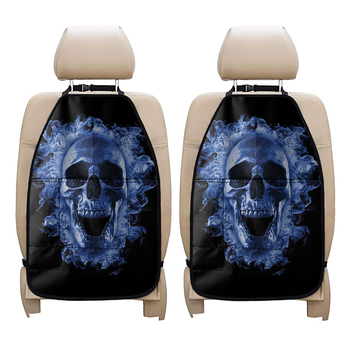 Blue Flaming Skull Print Car Seat Organizers