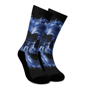 Blue Flaming Skull Print Crew Socks