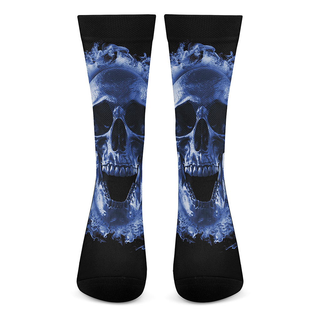 Blue Flaming Skull Print Crew Socks