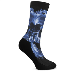 Blue Flaming Skull Print Crew Socks