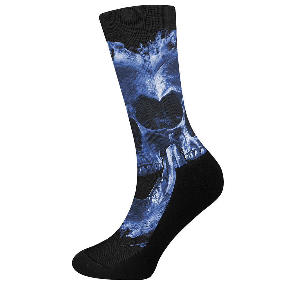 Blue Flaming Skull Print Crew Socks