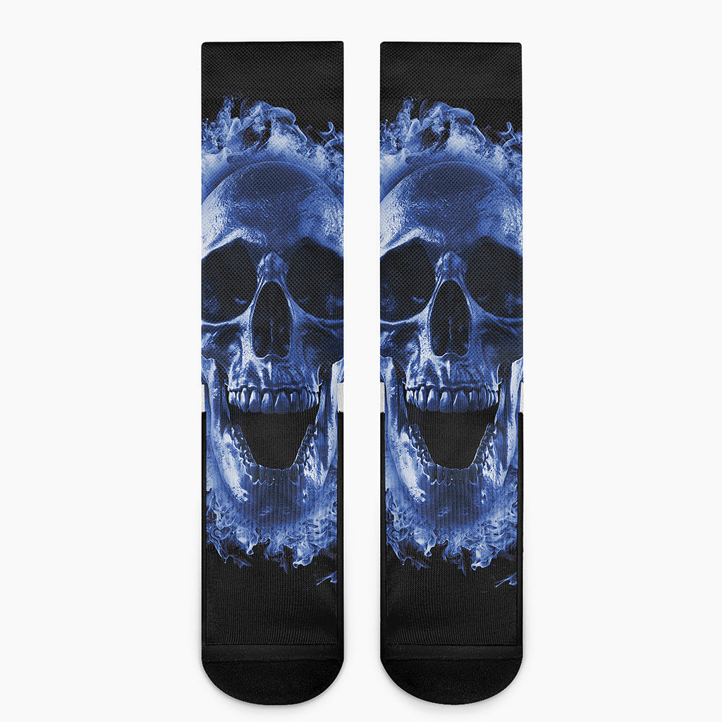 Blue Flaming Skull Print Crew Socks