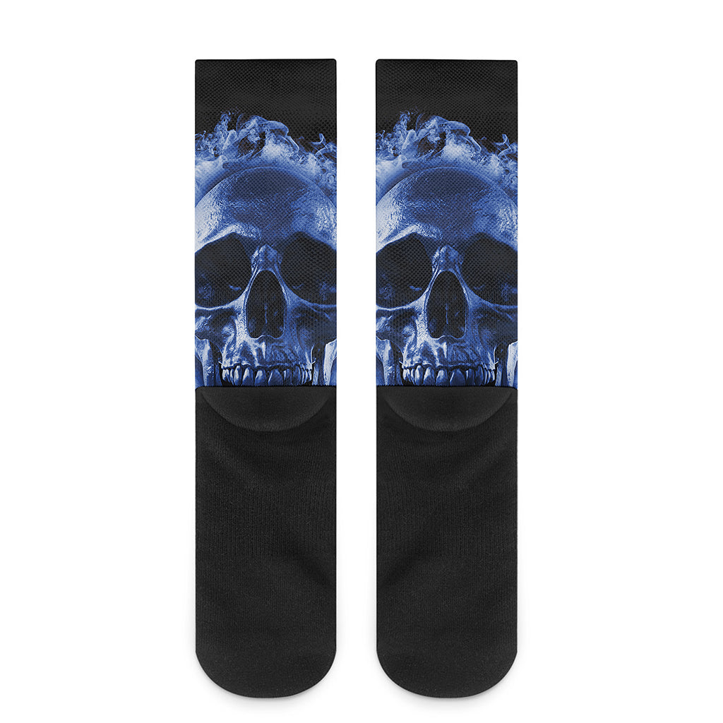 Blue Flaming Skull Print Crew Socks