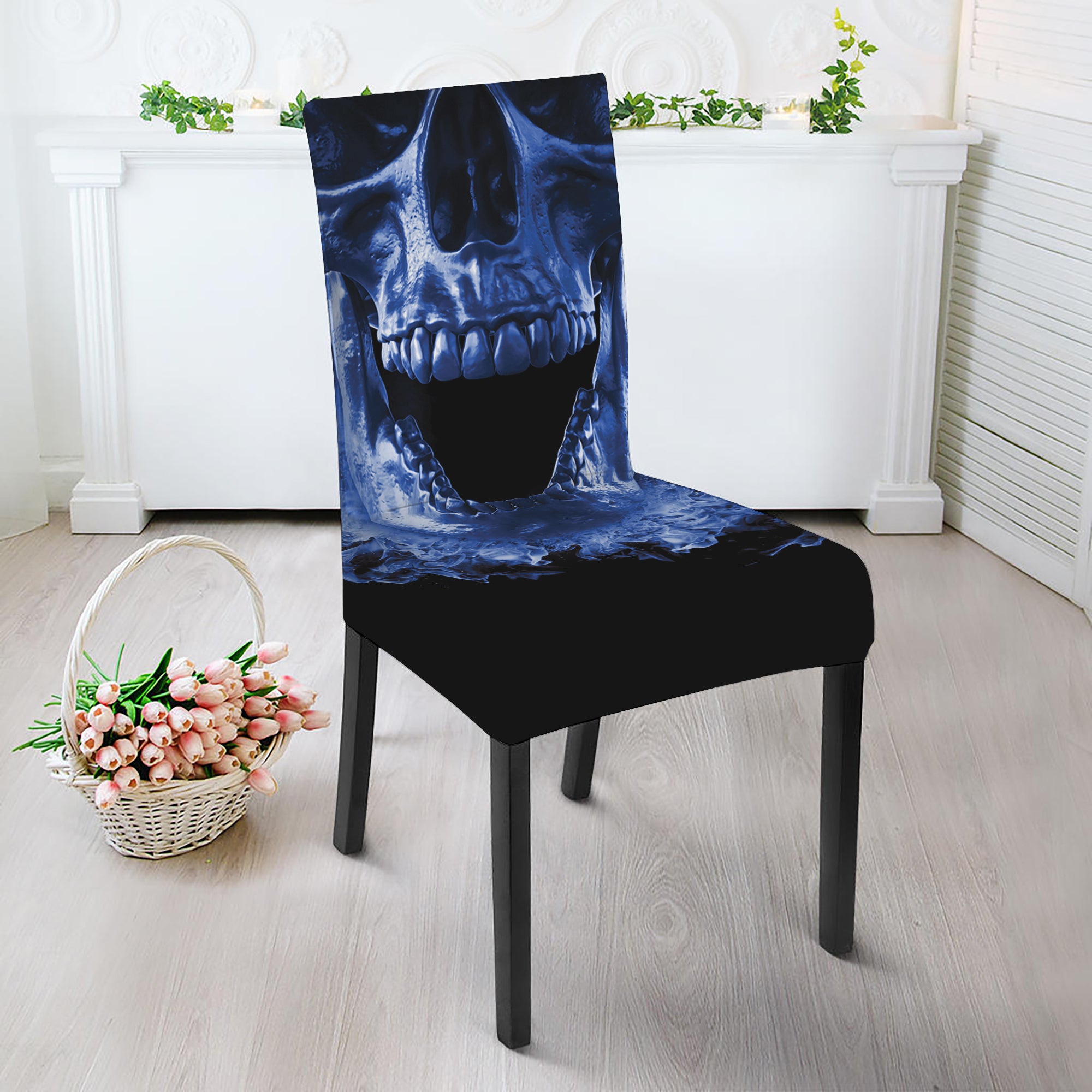 Blue Flaming Skull Print Dining Chair Slipcover