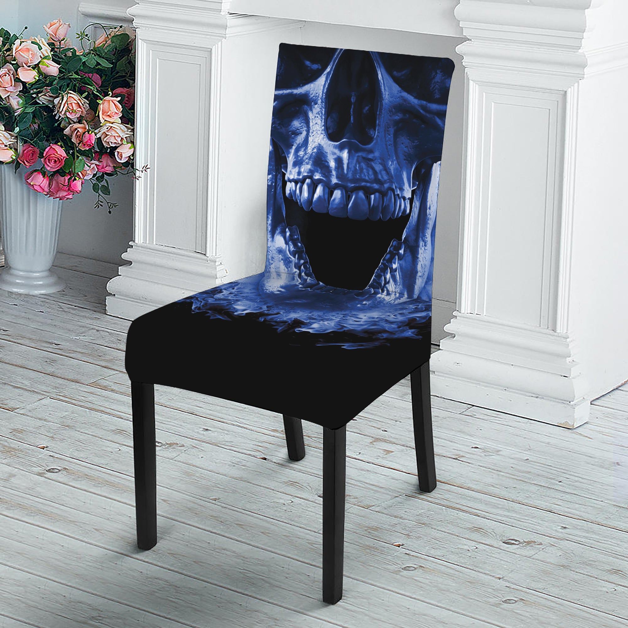 Blue Flaming Skull Print Dining Chair Slipcover