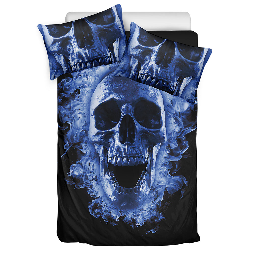 Blue Flaming Skull Print Duvet Cover Bedding Set