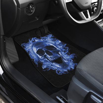 Blue Flaming Skull Print Front and Back Car Floor Mats