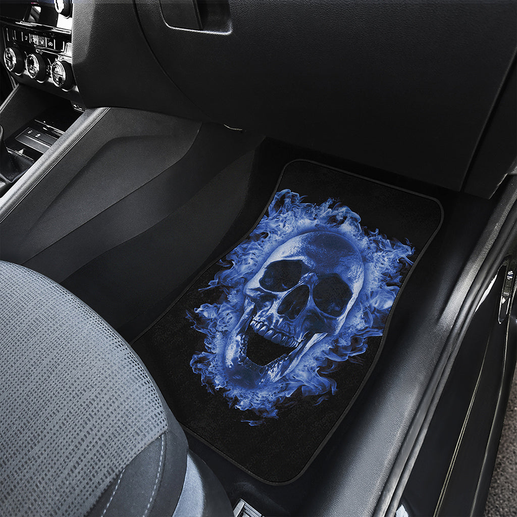 Blue Flaming Skull Print Front and Back Car Floor Mats
