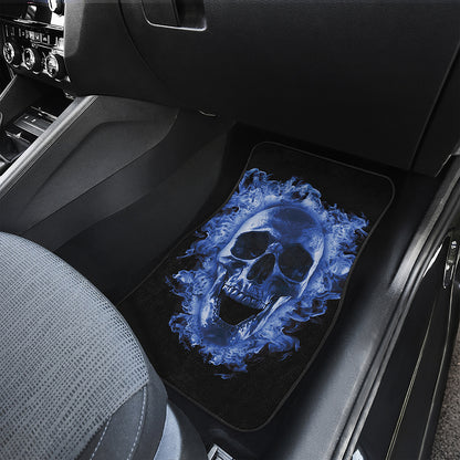 Blue Flaming Skull Print Front and Back Car Floor Mats
