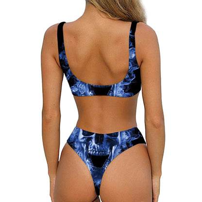 Blue Flaming Skull Print Front Bow Tie Bikini