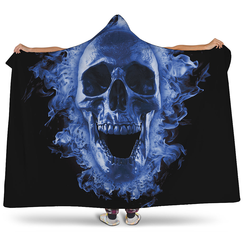 Blue Flaming Skull Print Hooded Blanket
