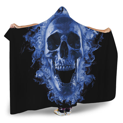 Blue Flaming Skull Print Hooded Blanket