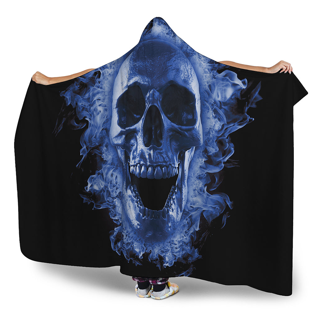 Blue Flaming Skull Print Hooded Blanket